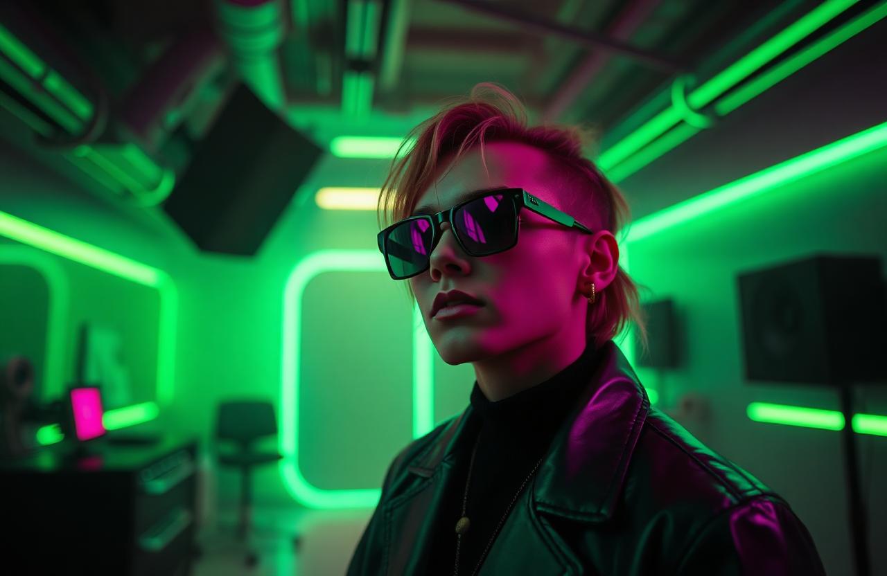 Creator illuminated by neon studio lighting representing Kult Media's influencer network